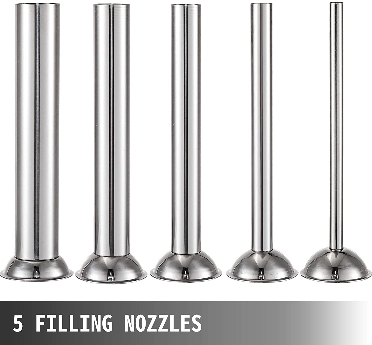 Stainless steel sausage stuffer 3L vertical – front view
Full set with 4 stuffing tubes – commercial sausage maker
Stuffer with removable cylinder and mountable base
Tilt-back vertical stuffer with food-safe piston
Homemade sausage in tray next to vertical stuffer