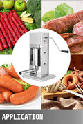 Stainless steel sausage stuffer 3L vertical – front view
Full set with 4 stuffing tubes – commercial sausage maker
Stuffer with removable cylinder and mountable base
Tilt-back vertical stuffer with food-safe piston
Homemade sausage in tray next to vertical stuffer