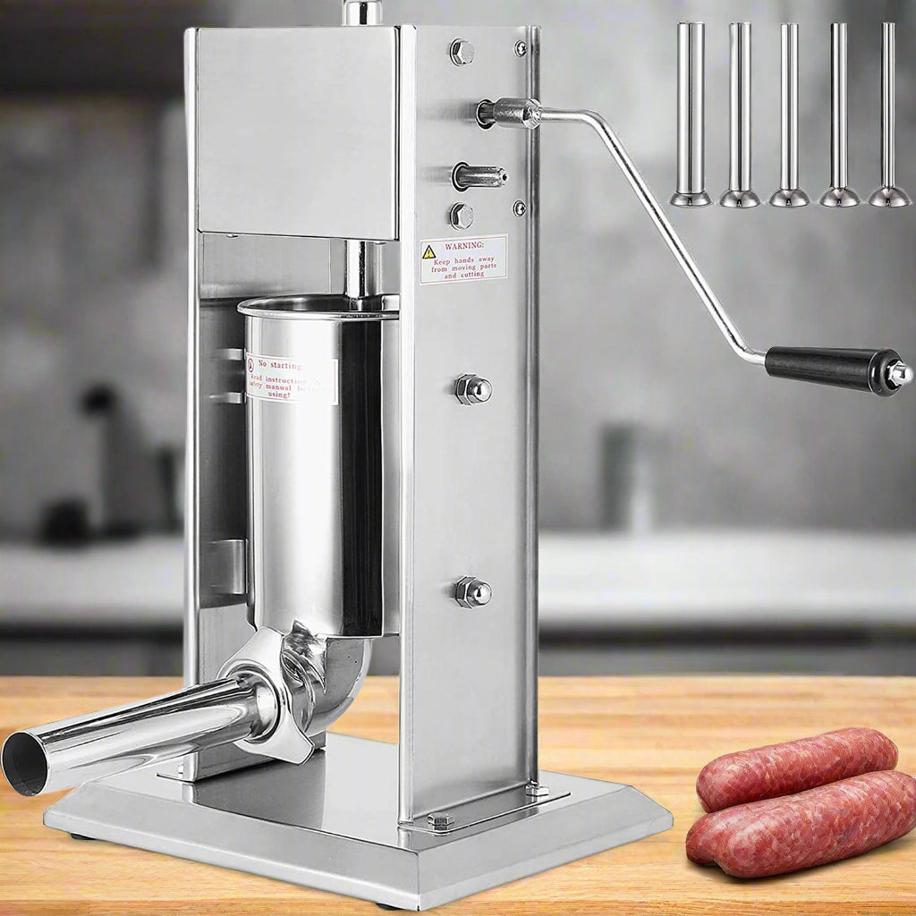 Stainless steel sausage stuffer 3L vertical – front view
Full set with 4 stuffing tubes – commercial sausage maker
Stuffer with removable cylinder and mountable base
Tilt-back vertical stuffer with food-safe piston
Homemade sausage in tray next to vertical stuffer
