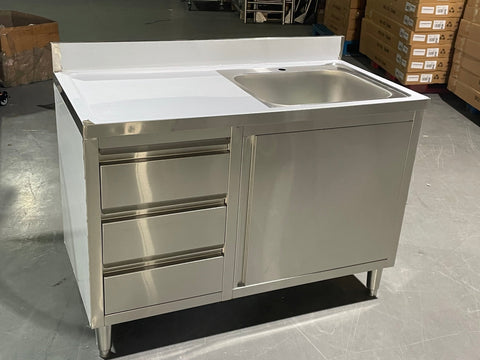 Stainless steel utility sink with 3 drawers front view

Commercial sink cabinet for restaurant or kitchen use

Stainless sink station with pull-out storage drawers

Industrial-grade sink unit with integrated storage

Compact kitchen sink workstation for food prep areas