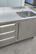 Stainless steel utility sink with 3 drawers front view

Commercial sink cabinet for restaurant or kitchen use

Stainless sink station with pull-out storage drawers

Industrial-grade sink unit with integrated storage

Compact kitchen sink workstation for food prep areas