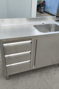 Stainless steel utility sink with 3 drawers front view

Commercial sink cabinet for restaurant or kitchen use

Stainless sink station with pull-out storage drawers

Industrial-grade sink unit with integrated storage

Compact kitchen sink workstation for food prep areas