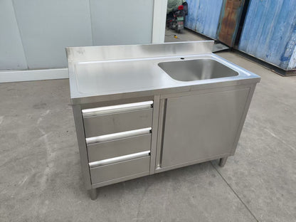 Stainless steel utility sink with 3 drawers front view

Commercial sink cabinet for restaurant or kitchen use

Stainless sink station with pull-out storage drawers

Industrial-grade sink unit with integrated storage

Compact kitchen sink workstation for food prep areas