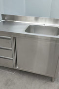 Stainless steel utility sink with 3 drawers front view

Commercial sink cabinet for restaurant or kitchen use

Stainless sink station with pull-out storage drawers

Industrial-grade sink unit with integrated storage

Compact kitchen sink workstation for food prep areas