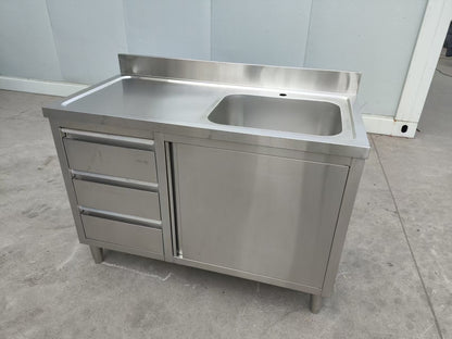 Stainless steel utility sink with 3 drawers front view

Commercial sink cabinet for restaurant or kitchen use

Stainless sink station with pull-out storage drawers

Industrial-grade sink unit with integrated storage

Compact kitchen sink workstation for food prep areas