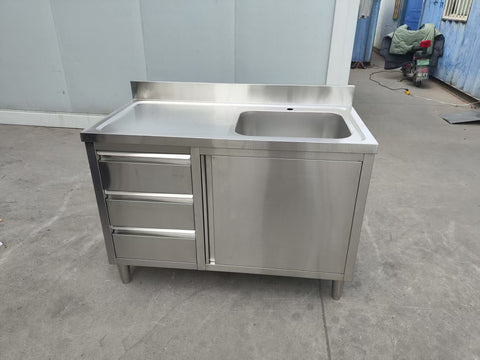 Stainless steel utility sink with 3 drawers front view

Commercial sink cabinet for restaurant or kitchen use

Stainless sink station with pull-out storage drawers

Industrial-grade sink unit with integrated storage

Compact kitchen sink workstation for food prep areas