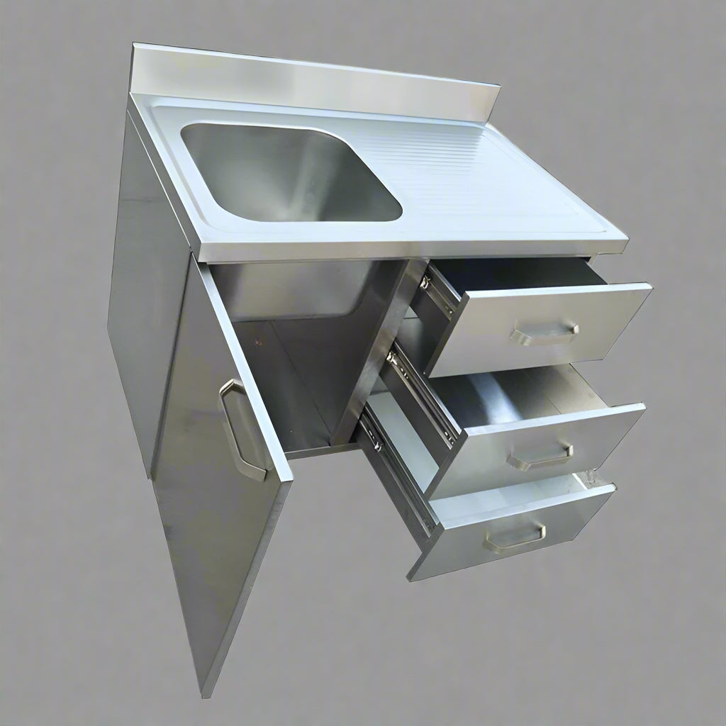 Stainless steel utility sink with 3 drawers front view

Commercial sink cabinet for restaurant or kitchen use

Stainless sink station with pull-out storage drawers

Industrial-grade sink unit with integrated storage

Compact kitchen sink workstation for food prep areas