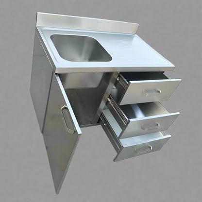 Stainless steel utility sink with 3 drawers front view

Commercial sink cabinet for restaurant or kitchen use

Stainless sink station with pull-out storage drawers

Industrial-grade sink unit with integrated storage

Compact kitchen sink workstation for food prep areas