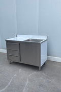 Stainless steel utility sink with 3 drawers front view

Commercial sink cabinet for restaurant or kitchen use

Stainless sink station with pull-out storage drawers

Industrial-grade sink unit with integrated storage

Compact kitchen sink workstation for food prep areas