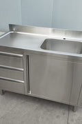 Stainless steel utility sink with 3 drawers front view

Commercial sink cabinet for restaurant or kitchen use

Stainless sink station with pull-out storage drawers

Industrial-grade sink unit with integrated storage

Compact kitchen sink workstation for food prep areas