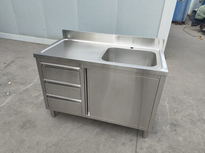Stainless steel utility sink with 3 drawers front view

Commercial sink cabinet for restaurant or kitchen use

Stainless sink station with pull-out storage drawers

Industrial-grade sink unit with integrated storage

Compact kitchen sink workstation for food prep areas