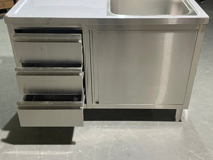 Stainless steel utility sink with 3 drawers front view

Commercial sink cabinet for restaurant or kitchen use

Stainless sink station with pull-out storage drawers

Industrial-grade sink unit with integrated storage

Compact kitchen sink workstation for food prep areas