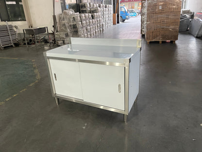 Stainless steel workbench with sliding doors front view

Restaurant prep table with built-in storage

Commercial kitchen stainless steel workbench

Side view of sliding door stainless work table

Heavy-duty garage workbench with stainless cabinet
