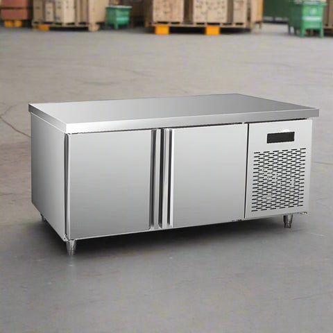Stainless steel undercounter fridge freezer workbench with dual doors
Commercial 400L fridge freezer with prep surface
Undercounter dual temperature fridge freezer for restaurants

