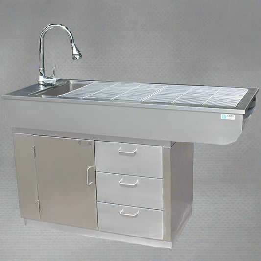 Stainless steel veterinary operating table with sink

Heavy-duty animal surgery table with built-in faucet

Veterinary surgery cabinet with storage drawers

Stainless vet table with drawers and pull-out faucet

Animal hospital surgery table – stainless steel