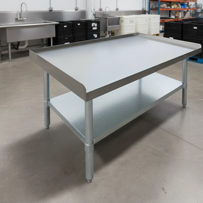 Stainless steel work table with 2-inch splash guard for kitchens
Commercial kitchen prep table with adjustable undershelf
Heavy-duty stainless table with galvanized legs and splash protection