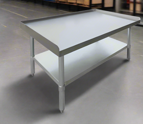 Stainless steel work table with 2-inch splash guard for kitchens
Commercial kitchen prep table with adjustable undershelf
Heavy-duty stainless table with galvanized legs and splash protection