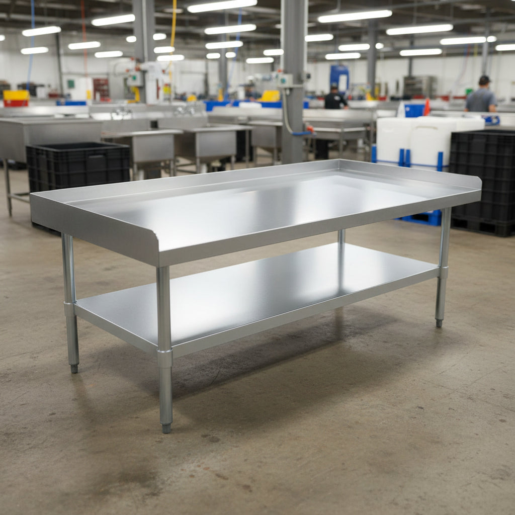 Stainless steel work table with 2-inch splash guard for kitchens
Commercial kitchen prep table with adjustable undershelf
Heavy-duty stainless table with galvanized legs and splash protection