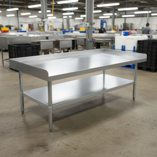 Stainless steel work table with 2-inch splash guard for kitchens
Commercial kitchen prep table with adjustable undershelf
Heavy-duty stainless table with galvanized legs and splash protection