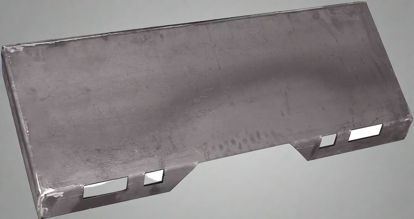 Weld-on quick attach mount plate for skid steer loaders

Universal steel plate with skid steer quick attach cutouts

Side view of heavy-duty quick attach skid steer plate

Grade 50 steel weld-on plate for skid steer attachment conversion