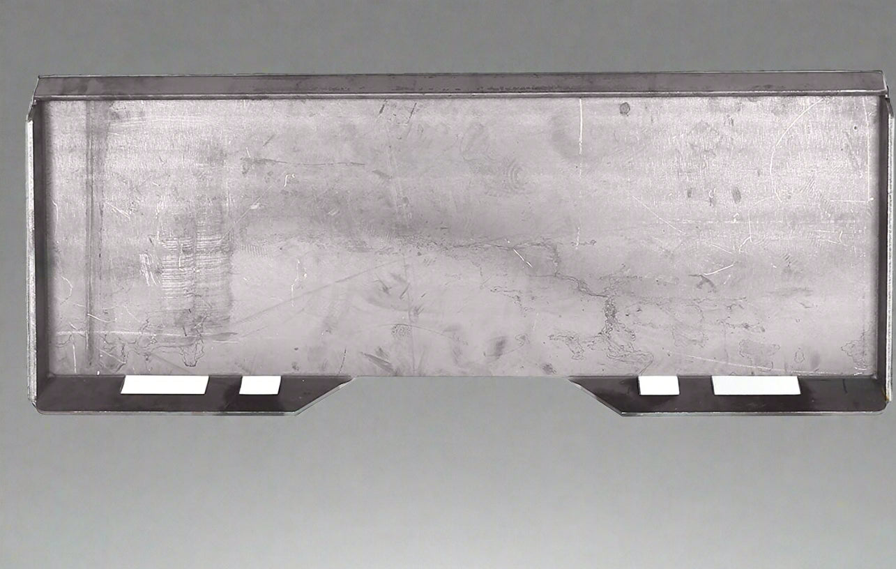 Weld-on quick attach mount plate for skid steer loaders

Universal steel plate with skid steer quick attach cutouts

Side view of heavy-duty quick attach skid steer plate

Grade 50 steel weld-on plate for skid steer attachment conversion