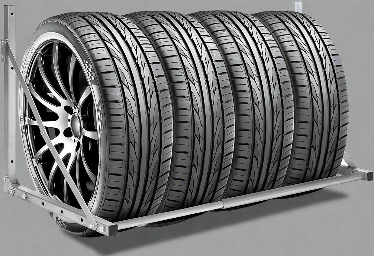 Steel wall-mounted folding tire and wheel storage rack – 300 lb capacity – adjustable width