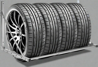 Steel wall-mounted folding tire and wheel storage rack – 300 lb capacity – adjustable width