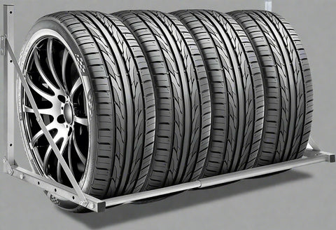 Steel wall-mounted folding tire and wheel storage rack – 300 lb capacity – adjustable width