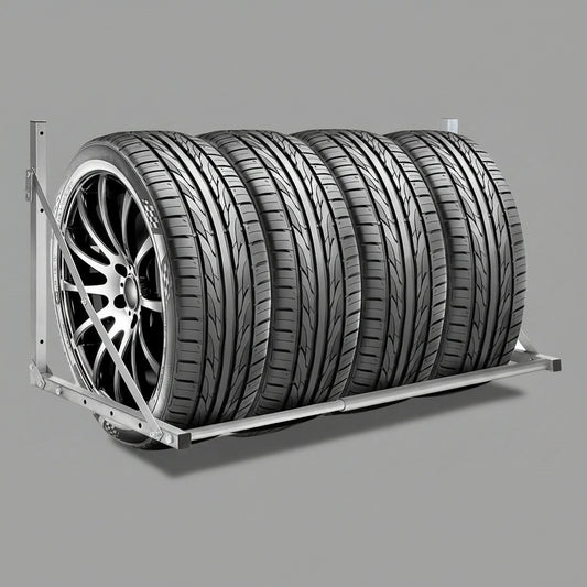 Steel wall-mounted folding tire and wheel storage rack – 300 lb capacity – adjustable width