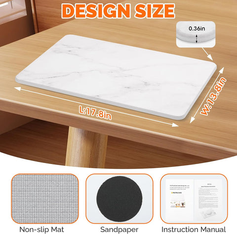 Stone quick-drying dish mat on kitchen counter with glasses
Anti-slip 18x14 inch dish drying mat absorbing water
White diatomaceous earth mat used under drying rack
Modern countertop with fast-drying stone mat and dishes