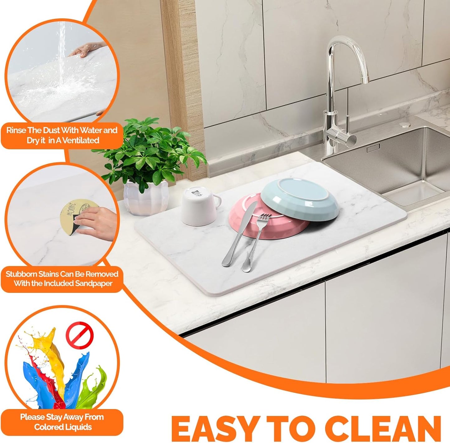 Stone quick-drying dish mat on kitchen counter with glasses
Anti-slip 18x14 inch dish drying mat absorbing water
White diatomaceous earth mat used under drying rack
Modern countertop with fast-drying stone mat and dishes
