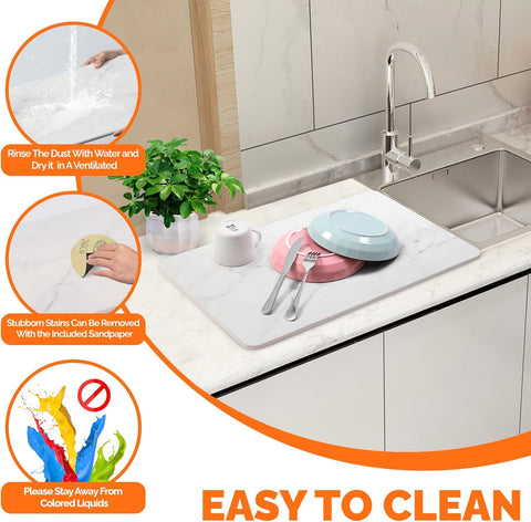Stone quick-drying dish mat on kitchen counter with glasses
Anti-slip 18x14 inch dish drying mat absorbing water
White diatomaceous earth mat used under drying rack
Modern countertop with fast-drying stone mat and dishes