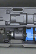 Stubby 1 inch air impact gun in blue with handle and sockets
Compact impact gun for truck and shop use
Pneumatic air impact wrench with twin hammer mechanism
Side handle stubby air tool with socket set