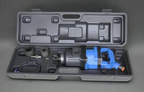 Stubby 1 inch air impact gun in blue with handle and sockets
Compact impact gun for truck and shop use
Pneumatic air impact wrench with twin hammer mechanism
Side handle stubby air tool with socket set