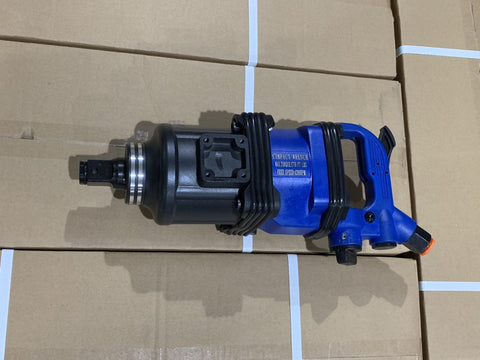 Stubby 1 inch air impact gun in blue with handle and sockets
Compact impact gun for truck and shop use
Pneumatic air impact wrench with twin hammer mechanism
Side handle stubby air tool with socket set