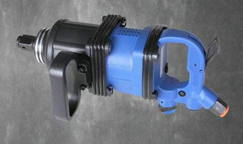 Stubby 1 inch air impact gun in blue with handle and sockets
Compact impact gun for truck and shop use
Pneumatic air impact wrench with twin hammer mechanism
Side handle stubby air tool with socket set