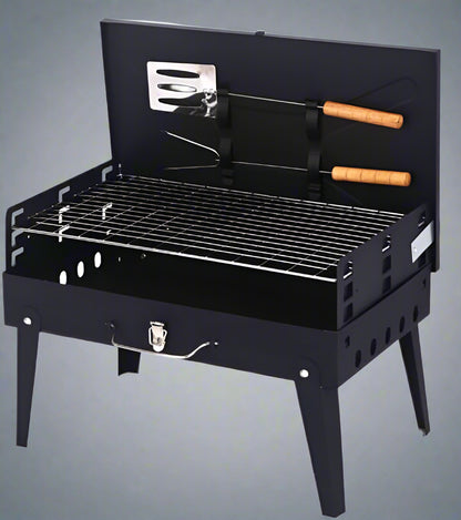Portable suitcase-style BBQ grill folded open

Compact charcoal grill for travel and camping

Portable BBQ with meat and vegetables on the grill

Folding grill shown in backyard setup

BBQ grill packed for outdoor picnic