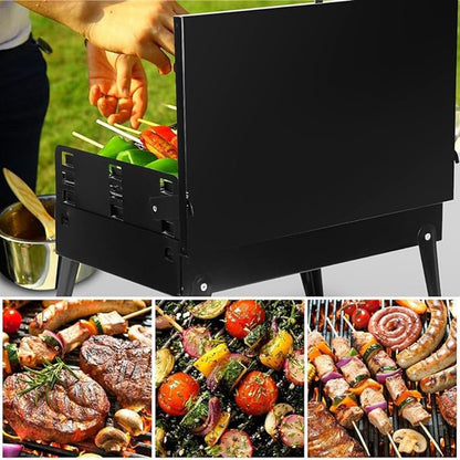 Portable suitcase-style BBQ grill folded open

Compact charcoal grill for travel and camping

Portable BBQ with meat and vegetables on the grill

Folding grill shown in backyard setup

BBQ grill packed for outdoor picnic