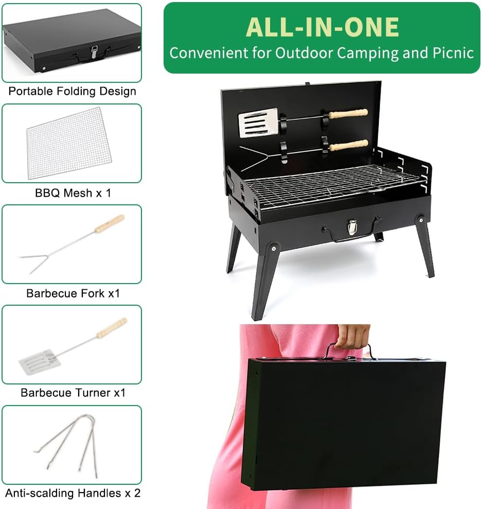 Portable suitcase-style BBQ grill folded open

Compact charcoal grill for travel and camping

Portable BBQ with meat and vegetables on the grill

Folding grill shown in backyard setup

BBQ grill packed for outdoor picnic