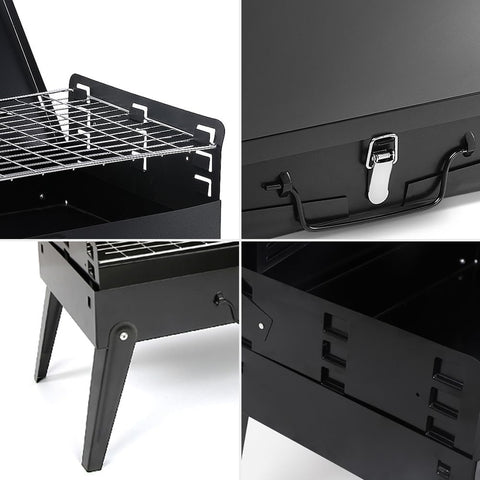 Portable suitcase-style BBQ grill folded open

Compact charcoal grill for travel and camping

Portable BBQ with meat and vegetables on the grill

Folding grill shown in backyard setup

BBQ grill packed for outdoor picnic