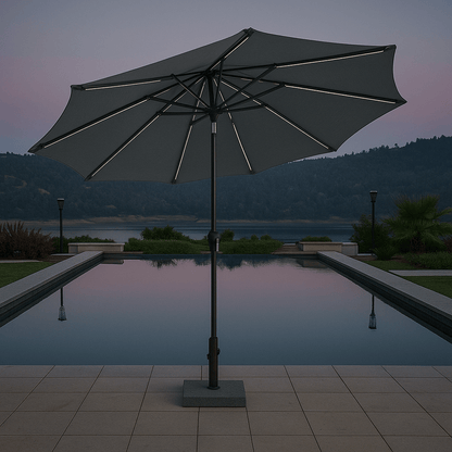 “SunVilla 10 FT LED Patio Umbrella at sunset”

“360-degree solar-powered umbrella with Outdura canopy”

“Tan SunVilla umbrella with LED lights open on patio”

“Outdoor umbrella with auto tilt feature – gray color”