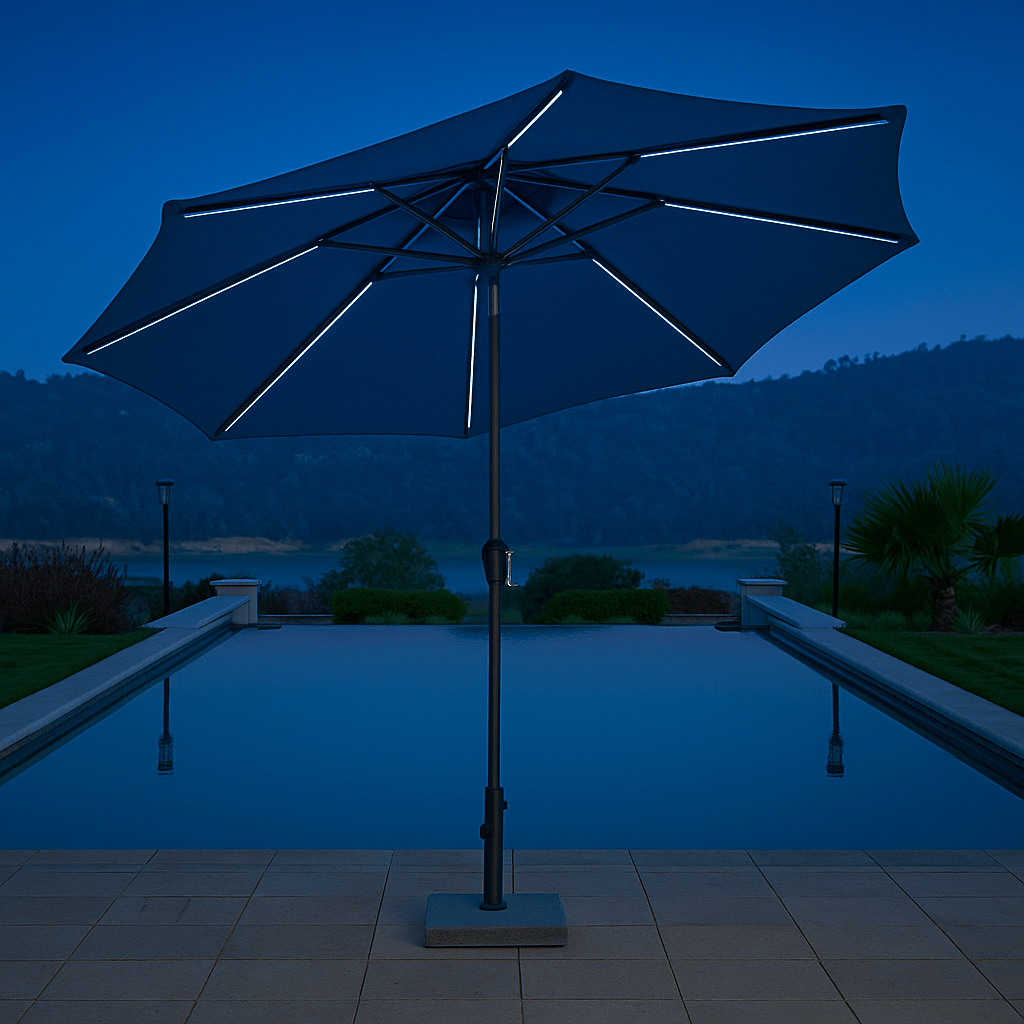 “SunVilla 10 FT LED Patio Umbrella at sunset”

“360-degree solar-powered umbrella with Outdura canopy”

“Tan SunVilla umbrella with LED lights open on patio”

“Outdoor umbrella with auto tilt feature – gray color”