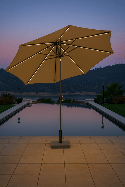 “SunVilla 10 FT LED Patio Umbrella at sunset”

“360-degree solar-powered umbrella with Outdura canopy”

“Tan SunVilla umbrella with LED lights open on patio”

“Outdoor umbrella with auto tilt feature – gray color”