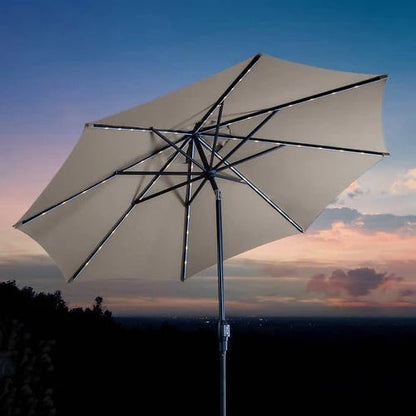 “SunVilla 10 FT LED Patio Umbrella at sunset”

“360-degree solar-powered umbrella with Outdura canopy”

“Tan SunVilla umbrella with LED lights open on patio”

“Outdoor umbrella with auto tilt feature – gray color”
