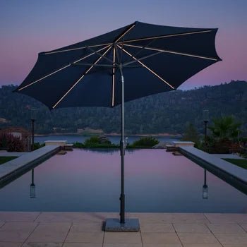 “SunVilla 10 FT LED Patio Umbrella at sunset”

“360-degree solar-powered umbrella with Outdura canopy”

“Tan SunVilla umbrella with LED lights open on patio”

“Outdoor umbrella with auto tilt feature – gray color”