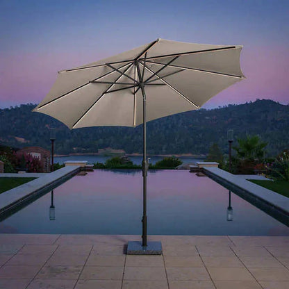 “SunVilla 10 FT LED Patio Umbrella at sunset”

“360-degree solar-powered umbrella with Outdura canopy”

“Tan SunVilla umbrella with LED lights open on patio”

“Outdoor umbrella with auto tilt feature – gray color”