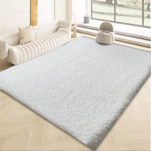 White fluffy area rug in modern living room

Gray soft rug under coffee table in cozy interior

Close-up of rug texture and anti-skid bottom

Hand touching plush surface of bedroom rug

Stylish white rug under sofa set with natural light