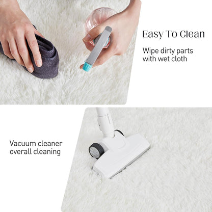 White fluffy area rug in modern living room

Gray soft rug under coffee table in cozy interior

Close-up of rug texture and anti-skid bottom

Hand touching plush surface of bedroom rug

Stylish white rug under sofa set with natural light