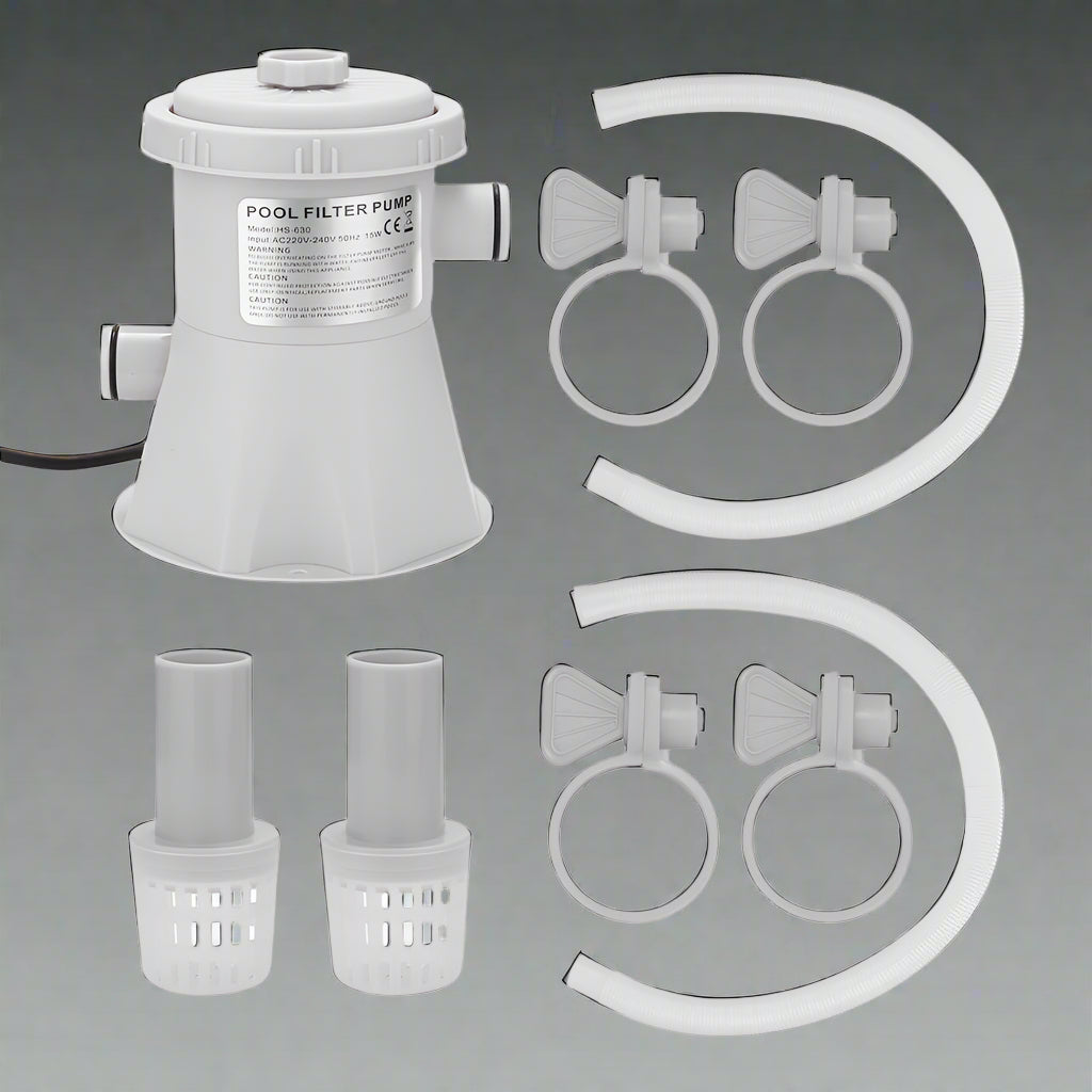 Swimming pool filter pump kit with filter cartridge

Easy-installation pool filtration system with hoses

Pool pump and filter combo for clean water

White filter pump for above-ground pools

Complete pool filtration pump kit with accessories