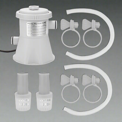 Swimming pool filter pump kit with filter cartridge

Easy-installation pool filtration system with hoses

Pool pump and filter combo for clean water

White filter pump for above-ground pools

Complete pool filtration pump kit with accessories